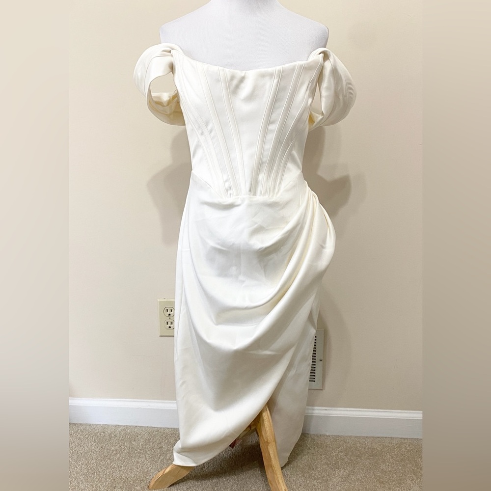 House Of CB Loretta Ivory Satin Off Shoulder Dress